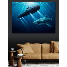 Artmeg Derin Denizlerde Denizaltı ve Köpekbalığı Dekoratif Kanvas - Mdf Ahşap Tablo