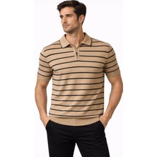 Mevese Engezi  Erkek Triko Polo Yaka Fermuarlı Çizgili Tişört T-Shirt Yazlık Şık - Kahverengi