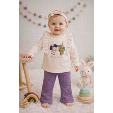 Babyhi Fiyonklu Kedi Baskılı Mevsimlik Iki Iplik Kız Bebek Alt-Üst 2'li Takım