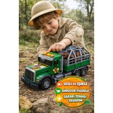 Toyfest Sesli Işıklı Dinozor Kurtarma Kamyonu Pilli Safari Oyuncak Tır Taşıyıcı Dinozor Yeşil - 30 cm