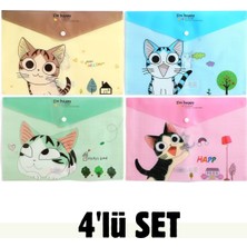 Vox Art 4'lü Sevimli Kedi Desenli Çıtçıtlı Dosya (A4) Renkli Transparan Plastik