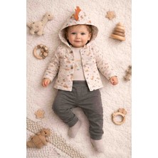 Organik Kumaşlı Kapşonlu Hırka Dinazor Baskılı 3'lü Erkek Bebek Mevsimlik Takım