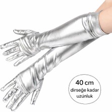 Zero Land Gld-Spt- Gümüş Renk Dirsek  Lüks Saten Eldiven 40 cm