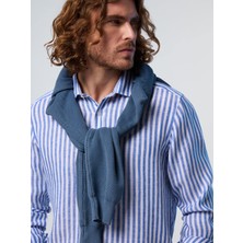 North Sails Regular Fit %100 European Flax Keten Çizgili Nakış Detaylı Geniş Yaka Gömlek