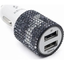 Efeaks Leopar Beyaz Kristal Taşlı Çift USB Araç Şarj Aleti