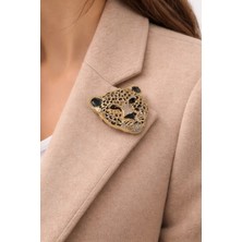 Efeaks Leopar Figürlü Taşlı Broş – Altın Renk Metal
