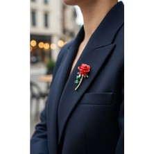 Efeaks Kırmızı Ortanca Figürlü Kristal Broş - Gold Kenarlı Çiçekli Kadın Yaka Iğnesi