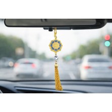 Efeaks Allah Yazılı Taşlı Dikiz Aynası Süsü Mavi Gold Kristal Taşlı Premium Araç Içi Süs