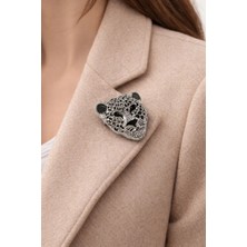 Efeaks Gümüş Renk Leopar Figürlü Taşlı Broş