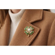 Efeaks Zirkon Taşlı Yeşil Yonca Broş – Inci Detaylı Gold Kaplama