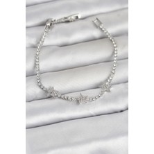 E-Woman Pirinç Gümüş Renk Minimal Yıldız Model Zirkon Taşlı Su Yolu Kadın Bileklik - Lisinya