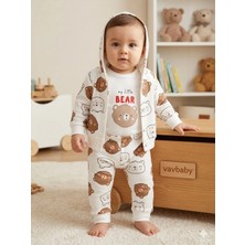 Vavbaby Ayıcık Desenli 3’lü Bebek Takımı - Kapüşonlu Hırka, Zıbın Body ve Alt Pijama Seti