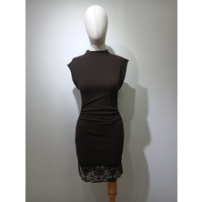 Gizelia Dantel Işlemeli Kahverengi Mini Elbise