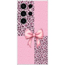 TechTree Samsung Galaxy S26 Ultra Uyumlu Pembe Leopar Desenli ve Kurdele Baskılı Silikon Kılıf