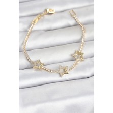Kyops Pirinç Gold Renk Yıldız Model Zirkon Taşlı Su Yolu Kadın Bileklik - Lisinya
