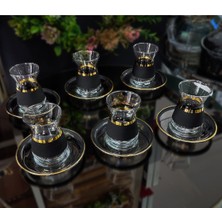 SEÇKİNEV Seçkinev Paşabahçe Siyah Yol 12 Parça Gerçek Altın Yaldızlı Çay Takımı