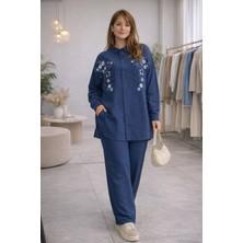 Zg Fashion Kadın Keten Nakış Detaylı Lacivert Oversize Gömlek Pantolon Takım