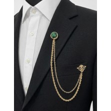 Gold Renk Yeşil Taşlı Ceket & Damatlık & Blazer Zincirli Yaka Aksesuarı