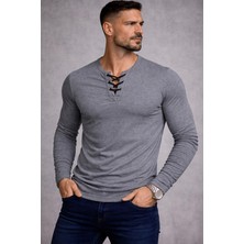By Bülent Özel Üretim Füme Ipli Yaka Dar Kesim Uzun Kollu Geniş Yaka Bisiklet Yaka Tişört Tshirt