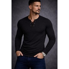 By Bülent Özel Üretim Siyah Ipli Yaka Uzun Kollu Geniş Yaka Bisiklet Yaka Tişört Tshirt