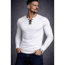 By Bülent Özel Üretim Beyaz Ipli Yaka Uzun Kollu Geniş Yaka Bisiklet Yaka Tişört Tshirt