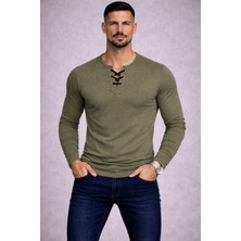 By Bülent Özel Üretim Haki Yeşil Ipli Yaka Dar Kesim Uzun Kollu Geniş Yaka Bisiklet Yaka Tişört Tshirt