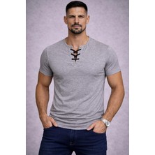 By Bülent Bybülent Özel Üretim Gri Melanj Ipli Yaka Geniş Yaka Bisiklet Yaka Tişört Tshirt