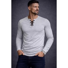 By Bülent Özel Üretim Açık Gri Ipli Yaka Uzun Kollu Dar Kesim Geniş Yaka Bisiklet Yaka Tişört Tshirt
