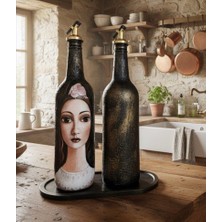 Rembox Premium Vintage El Yapımı Cam Yağdanlık Seti 2’li | Eskitme Sanat Desenli,dekoratif Mutfak Şişesi