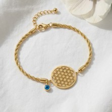 Valmont Accessories Yaşam Çiçeği Nazar Boncuklu 18+5 cm Ayarlanabilir Altın Sarısı Kadın Çelik Bileklik