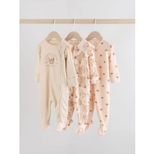 Next Baby Pamuklu Krem Pembe Ayıcık Desenli 3'lü Tulum Set