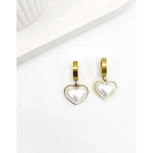 Merve Takı Çelik Sedef Taşlı Kalp  Gold Küpe