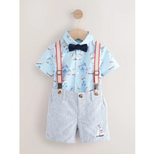 Next Baby Mavi Beyaz Baskılı Gömlek, Pantolon Askısı, Şort ve Papyon Alt ve Üst Takım