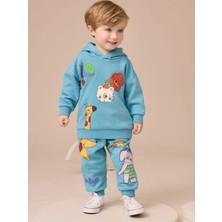 Next Baby Pamuklu Mavi Baskılı Kapüşonlu Sweatshirt Uzun Kollu Alt Üst Takım