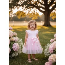 Lina Baby Bloomm Pembe Kısa Kollu Kız Bebek Elbise Tül Etekli Fiyonklu Şık Model