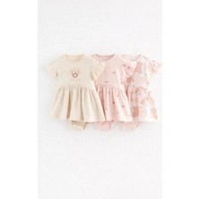 Next Baby Pamuklu Pembe Ayı Işlemeli 3'lü Romper Set