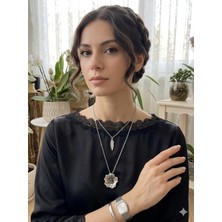 Çiçek ve Tüy Detaylı Ikili Zincirli Kolye Bohem Vintage