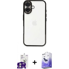 İlk El Grup Ieg™ iPhone 16 Kılıf Vadi Minimal - Siyah Bilvis 5in1 5d Magic Hayalet Cam Ekran Koruyucu + Gümüş Bilvis Titan Kamera Lens