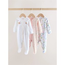 Next Baby Pamuklu Beyaz Pembe Tavşan Çiçek Desenli 3'lü Tulum Set