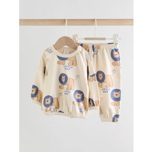 Next Baby Pamuklu Krem Mavi Aslan Desenli Uzun Kollu Alt Üst Takım