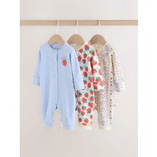 Next Baby Pamuklu Mavi Krem Çilek Desenli 3'lü Tulum Set