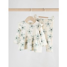 Next Baby Pamuklu Beyaz Mavi Çiçek Desenli Uzun Kollu Alt Üst Takım