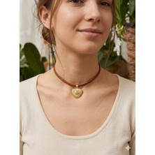 Gold Altın Rengi Kahverengi Deri Choker