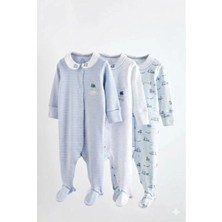 Next Baby Pamuklu Beyaz Mavi Tren Desenli 3'lü Tulum Set