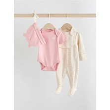 Next Baby %100 Pamuklu Pembe 4 Parça Bebek Uyku Tulumu, Zıbın, Bere ve Önlük Seti
