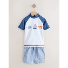 Next Baby Mavi/beyaz Çizgili Güneş Korumalı Kısa Kollu Şortlu Mayo Set
