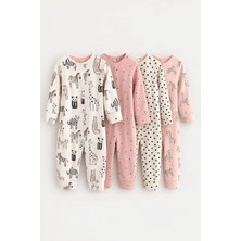 Next Baby Pamuklu Krem Pembe Baskılı 4'lü Tulum Set