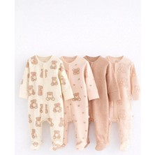 Next Baby Pamuklu Krem Kahve Ayıcık Desenli 4'lü Tulum Set