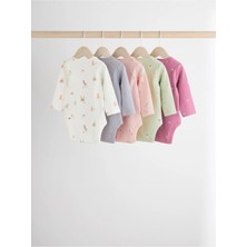 Next Baby % 100 Pamuklu Pembe Krem Baskılı Uuzn Kollu 5'li Body Zıbın Set