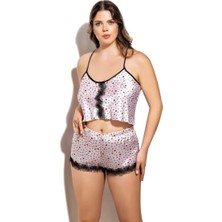 Liyuza Öpücük Desenli Fantezi Büyük Beden Şortlu Saten Takım